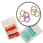 The image features colorful circular bands and two packets labeled 