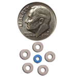 A U.S. dime is shown above six small washers, one of which is blue, arranged in a circular pattern on a white background.